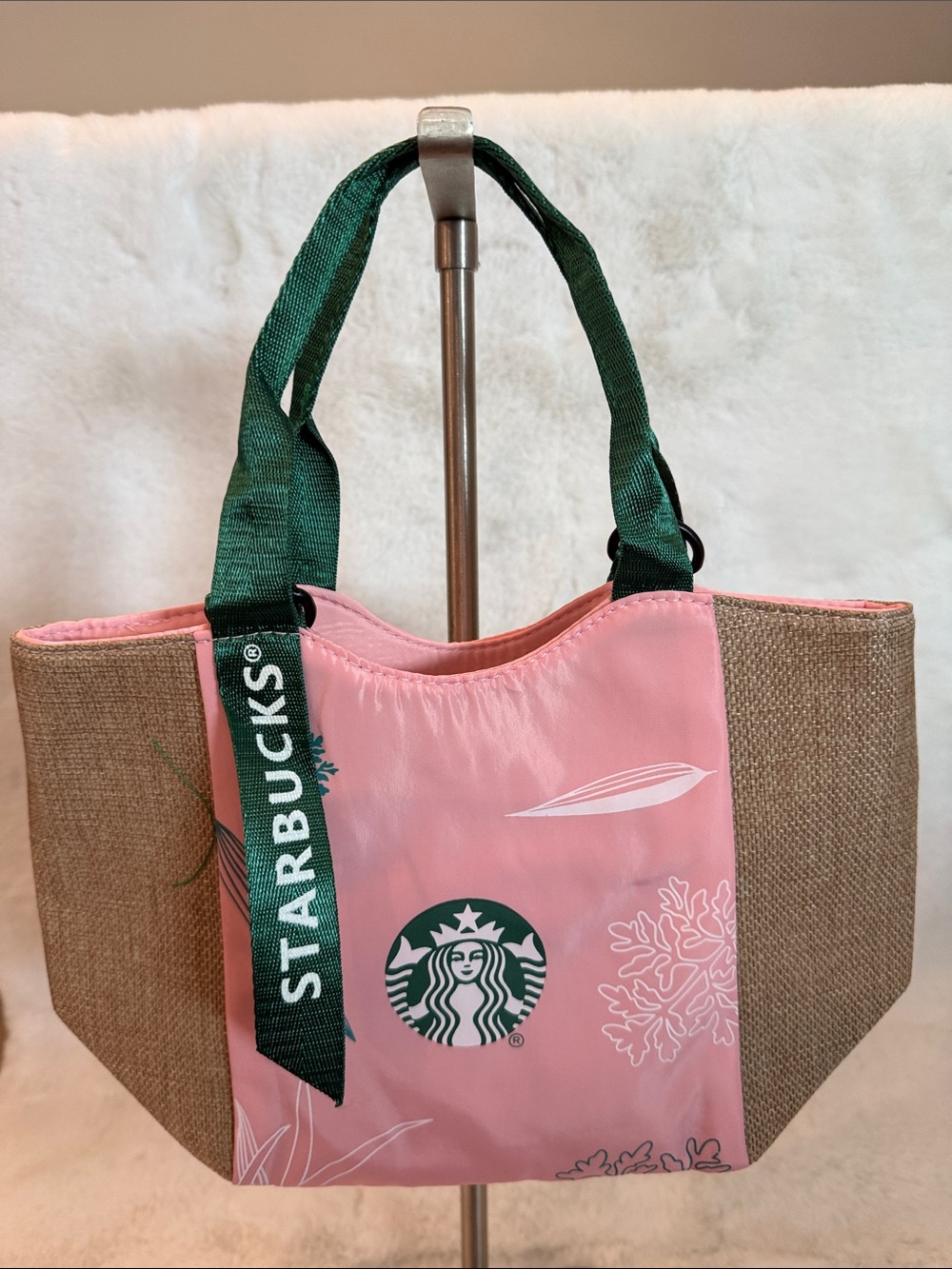 NWOT Starbucks Pink Tote with Green Logo Strap and Natural Sides